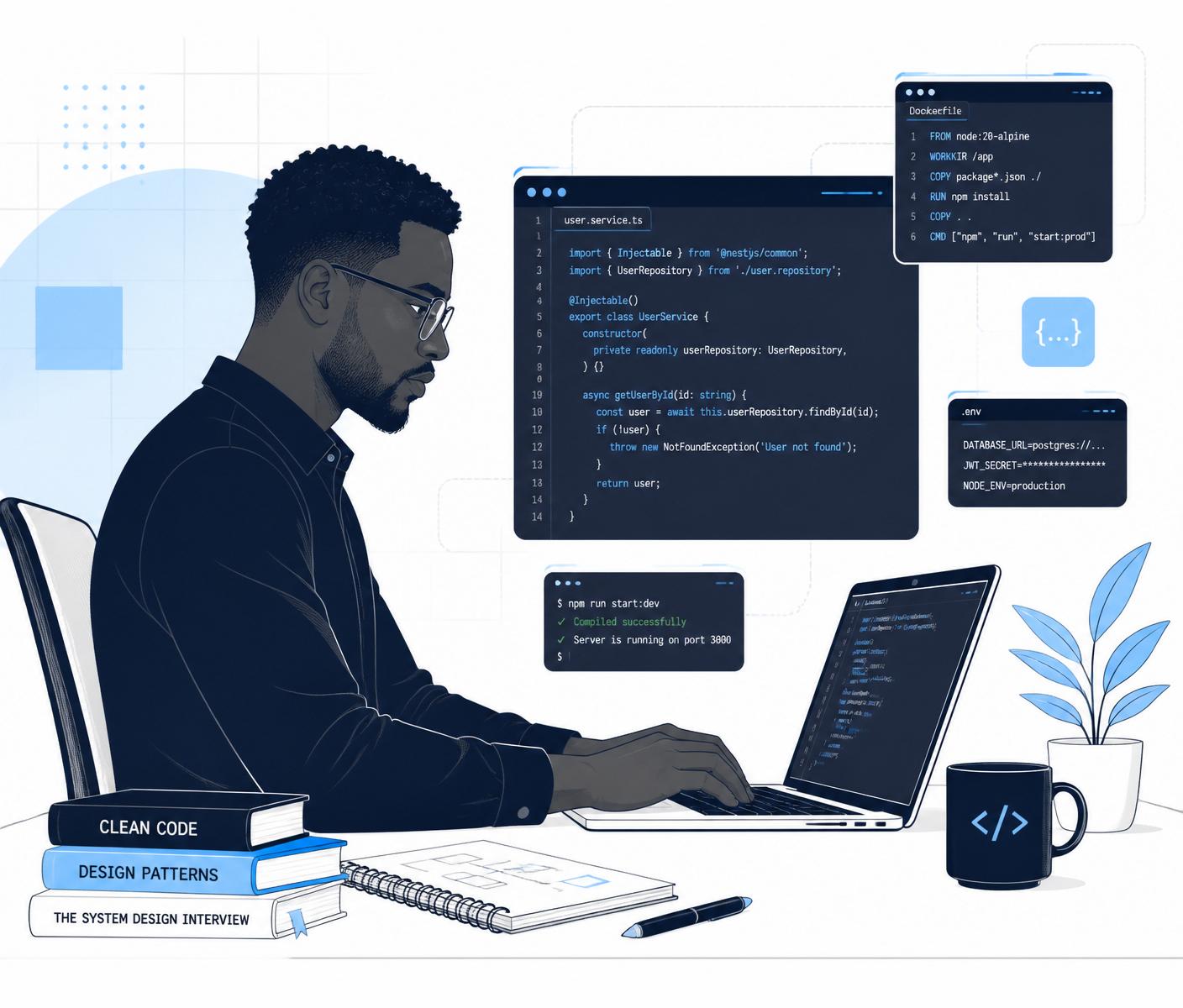 Software engineer coding with editor windows and design references